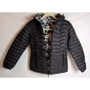 Youth Puffer Jacket With Removable Hood Reversible Floral &Black‎ Size 8 NWT